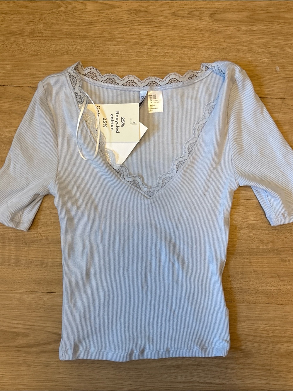 H&M Light Blue Lace-Trim Ribbed V-Neck Top